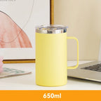 Mug en Inox 304 – 650 ml, Double Paroi Anti-Brûlure, Isotherme avec Couvercle & Anse – Tasse Café, Thé, Lait