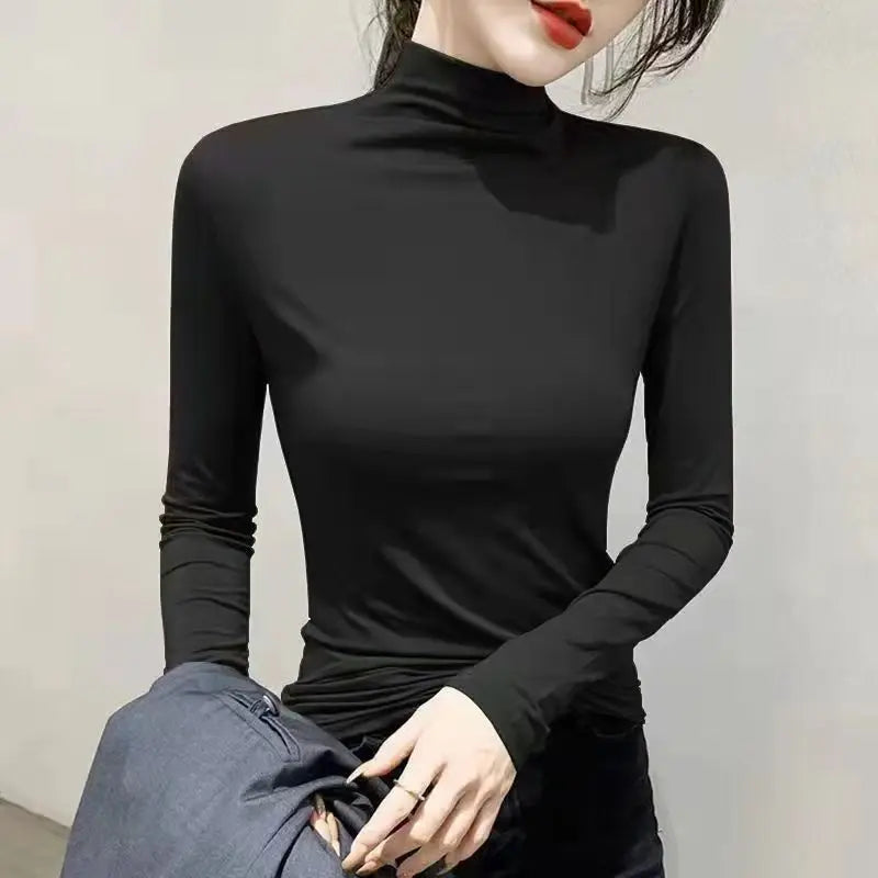 T-shirt Col Roulé Manches Longues Femme – Style Y2K, Mode Coréenne, Modal Élégant, Automne Hiver