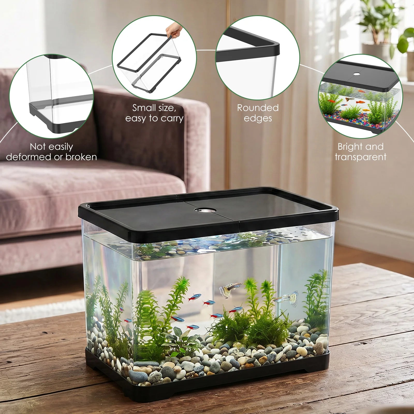 Aquarium Transparent Rectangulaire avec Couvercle – Bureau ou Maison, Plantes Aquatiques, Décoration Intérieure