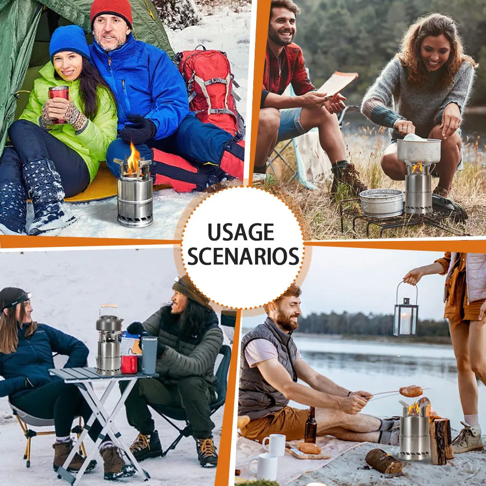Poêle à Bois Portable pour Camping – En Inox Double Couche Concentrateur de Chaleur, Démontable et Empilable pour Pique-Nique