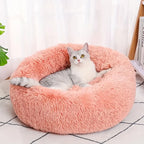 Corbeille Ronde en Peluche Rayée pour Chat et Chien – Douce, Chaude, Sommeil Profond