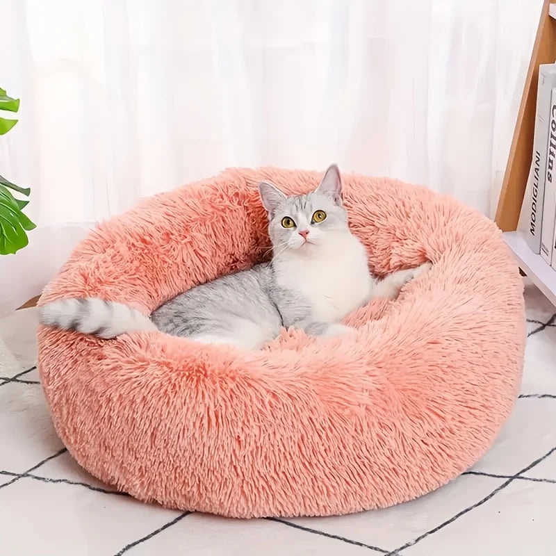 Corbeille Ronde en Peluche Rayée pour Chat et Chien – Douce, Chaude, Sommeil Profond
