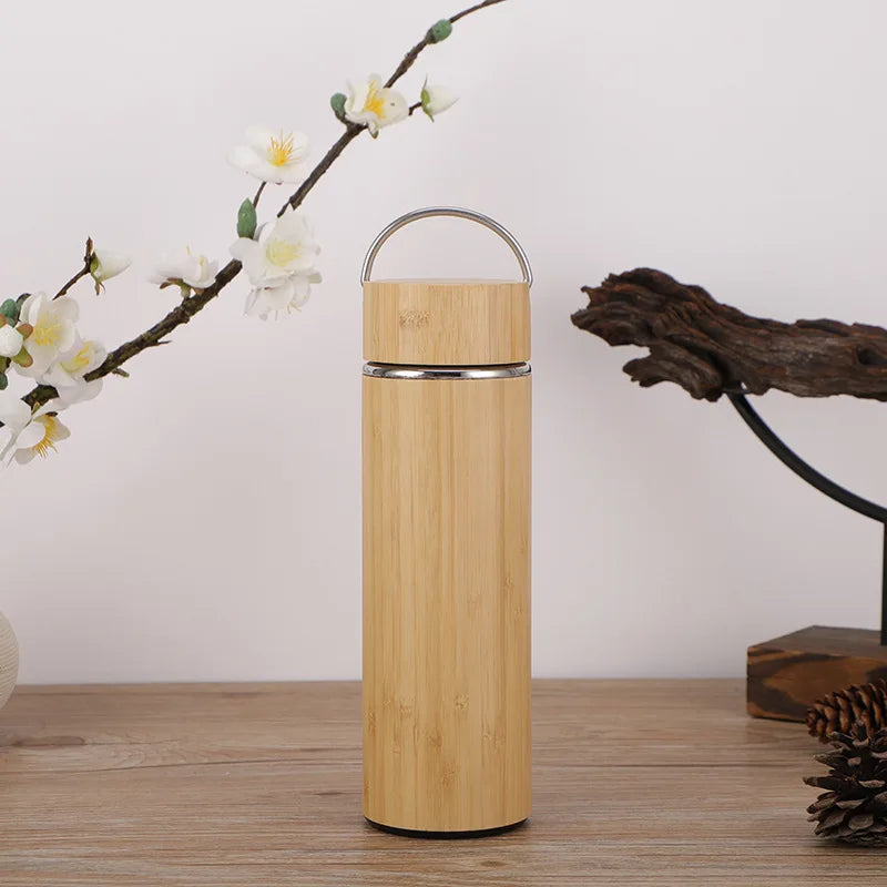 Tasse Thermos Bambou avec Affichage de Température – Bouteille Isotherme en Inox, Couvercle Rabattable, Écologique