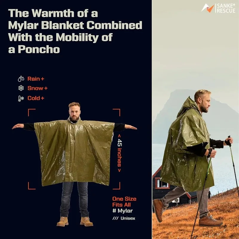 Poncho de Pluie d'Urgence Imperméable en Film Aluminium – Couverture Thermique Jetable, Outil de Survie pour Camping