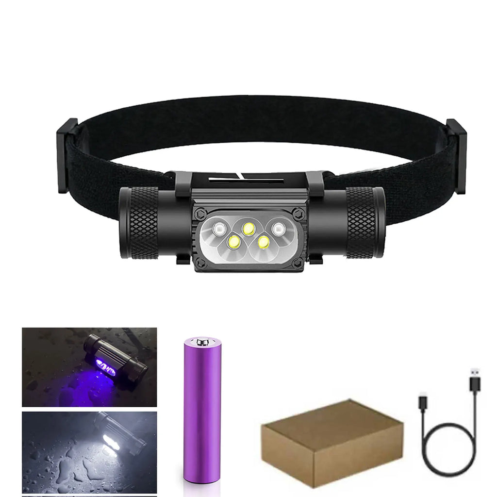 Mini Lampe Frontale LED USB Type-C 18650 – Lumière Blanche, Rouge, Verte, Bleue, Jaune & UV 395nm pour Pêche, Chasse et Camping