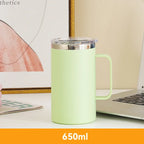 Mug en Inox 304 – 650 ml, Double Paroi Anti-Brûlure, Isotherme avec Couvercle & Anse – Tasse Café, Thé, Lait