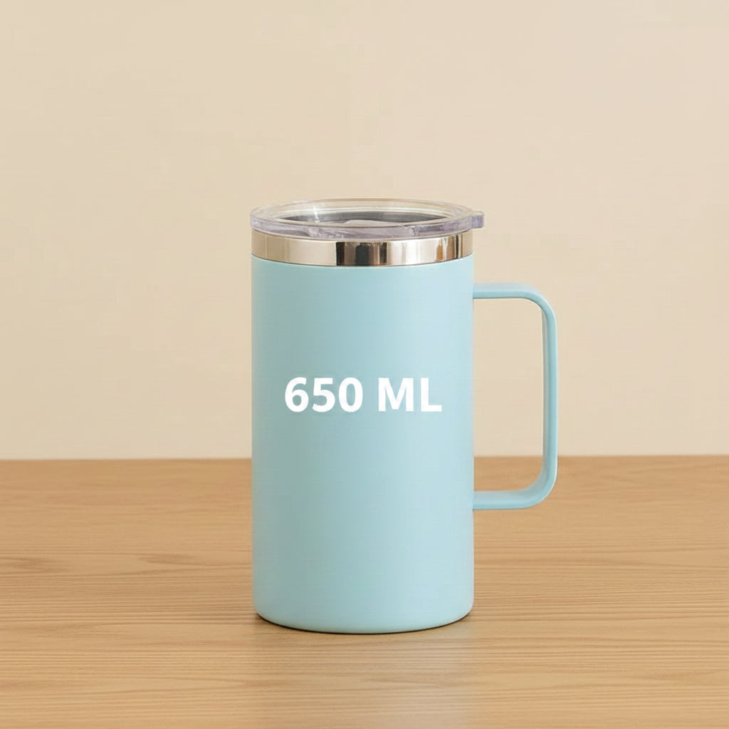 Mug en Inox 304 – 650 ml, Double Paroi Anti-Brûlure, Isotherme avec Couvercle & Anse – Tasse Café, Thé, Lait
