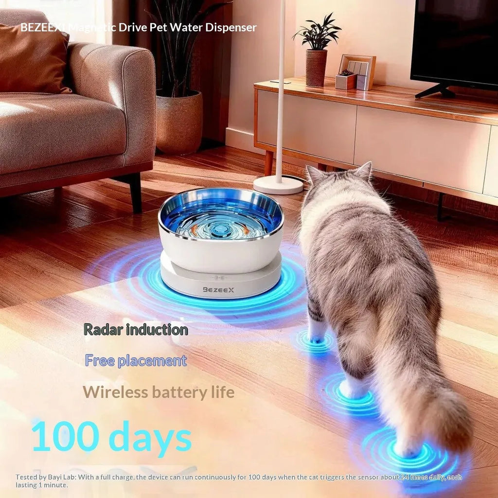 Fontaine à Eau pour Chat à Entraînement Magnétique Sans Fil – 100 Jours d'Autonomie, Ultra Silencieuse, Sans Filtre, Bol Suspendu