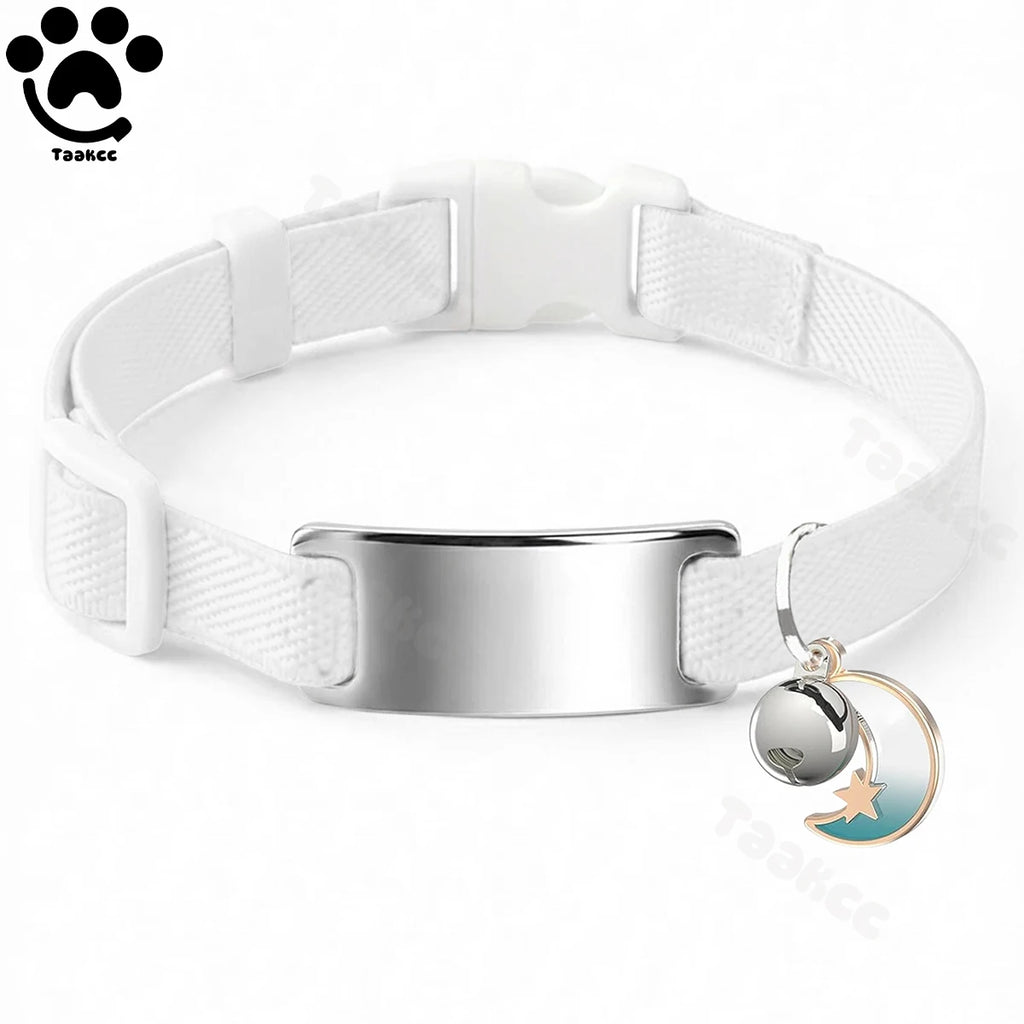 Collier Chat Élastique Personnalisé – Gravure Gratuite, Plaque ID, Clochette & Breloque Lune Anti-Fugue