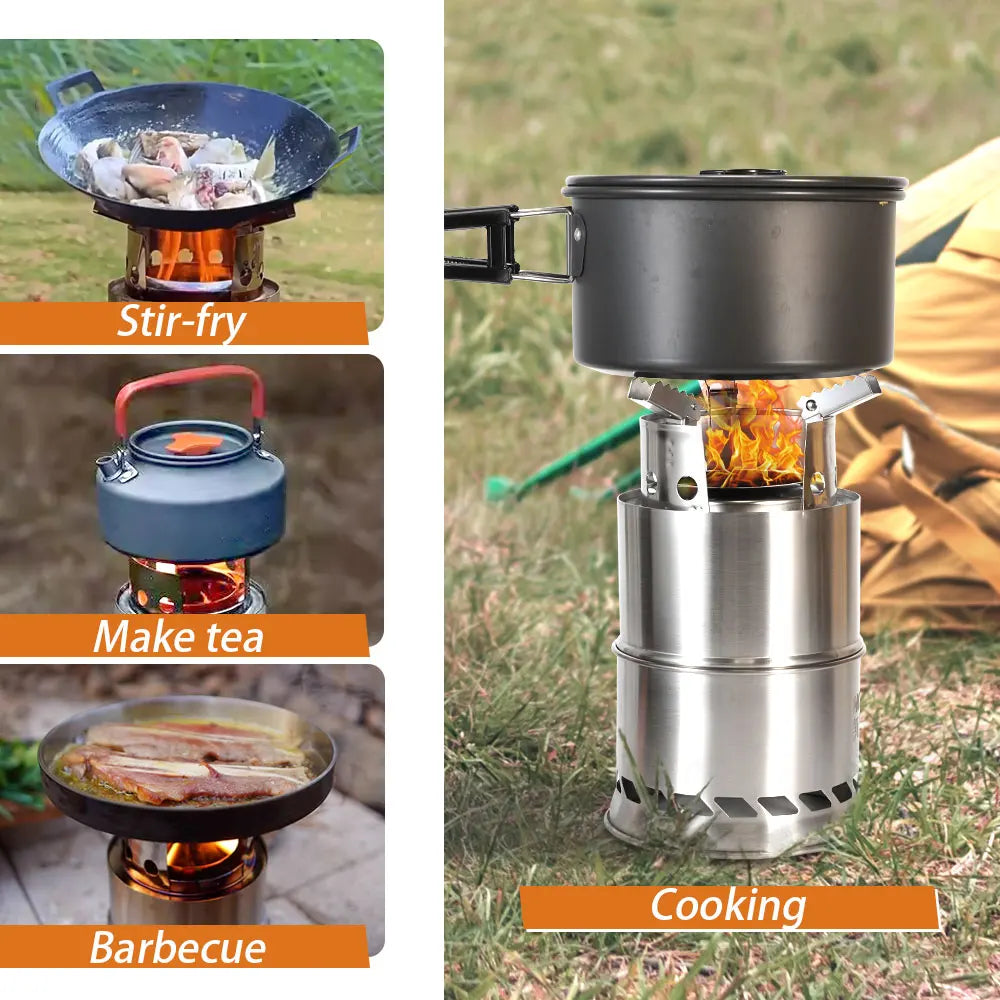 Poêle à Bois Portable pour Camping – En Inox Double Couche Concentrateur de Chaleur, Démontable et Empilable pour Pique-Nique