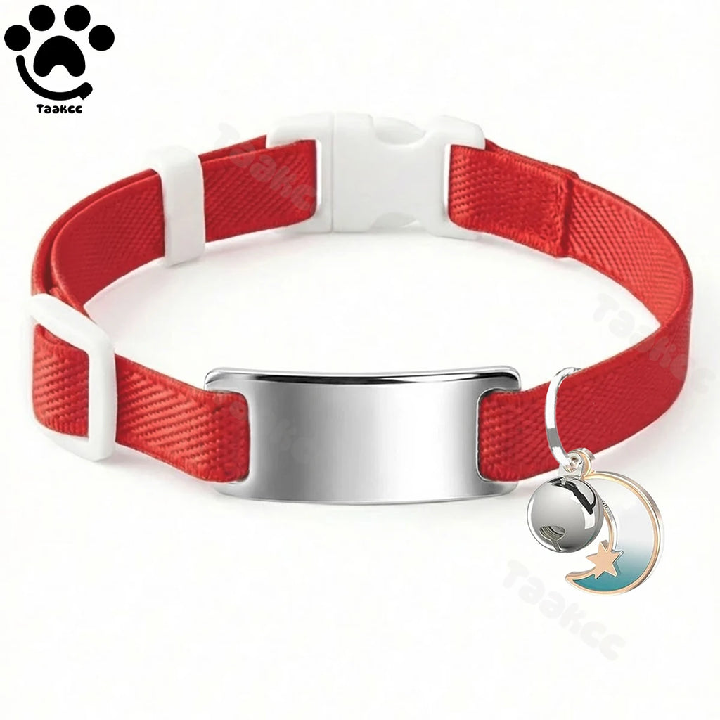 Collier Chat Élastique Personnalisé – Gravure Gratuite, Plaque ID, Clochette & Breloque Lune Anti-Fugue