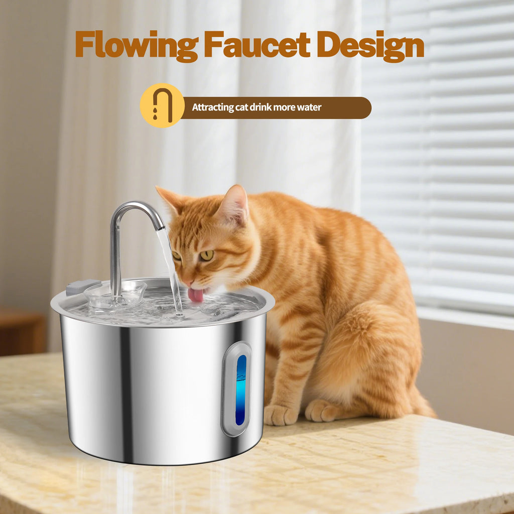 Fontaine à Eau en Acier Inoxydable pour Chat et Chien – 2,2L / 75oz, Distributeur Automatique, Système de Filtration