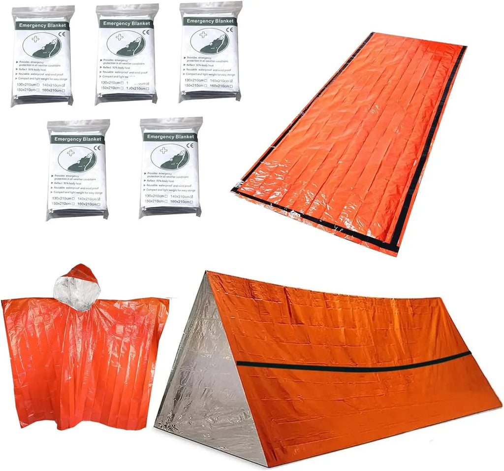 Kit de Survie Isotherme Outdoor – Couvertures d'Urgence (5 pcs), Sac de Couchage, Tente & Poncho de Survie