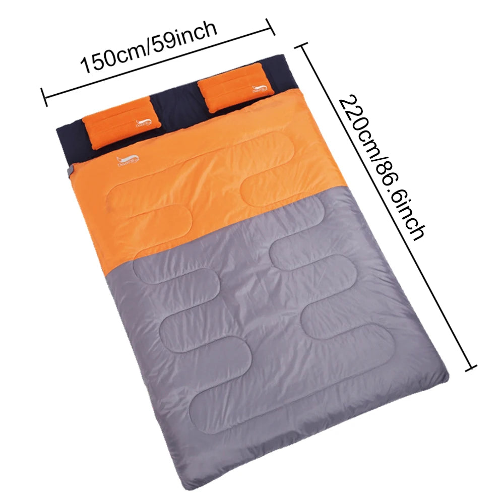 Sac de Couchage Double – Pour 2 Personnes – 2 Oreillers Gonflables Inclus – Camping, Voyage – 220x150cm