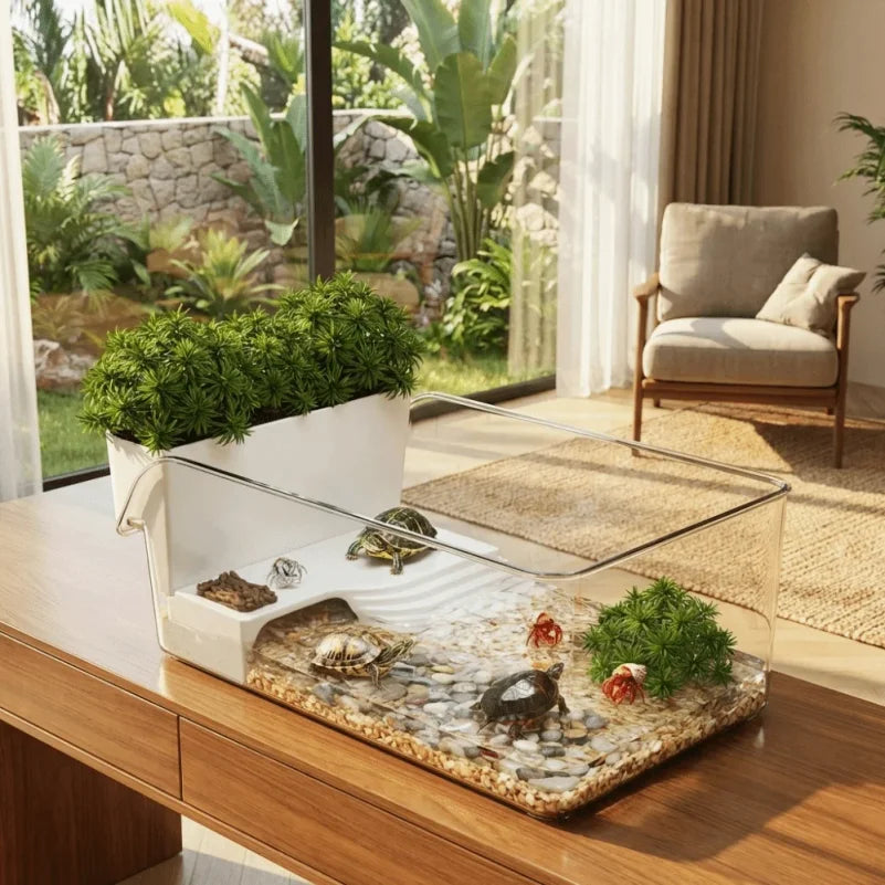 Terrarium Transparent pour Tortue – Séparation Sec/Humide avec Zone de Bain de Soleil et Plateforme d'Escalade en Plastique