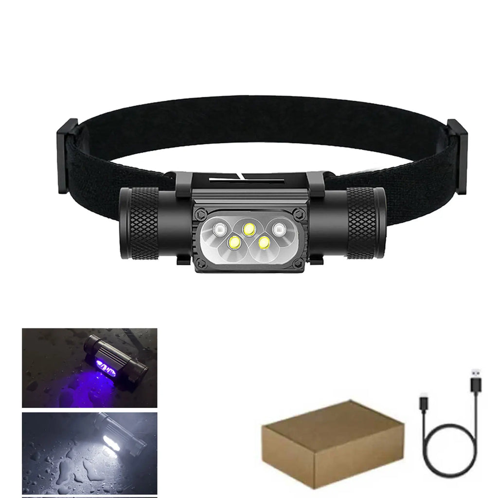 Mini Lampe Frontale LED USB Type-C 18650 – Lumière Blanche, Rouge, Verte, Bleue, Jaune & UV 395nm pour Pêche, Chasse et Camping