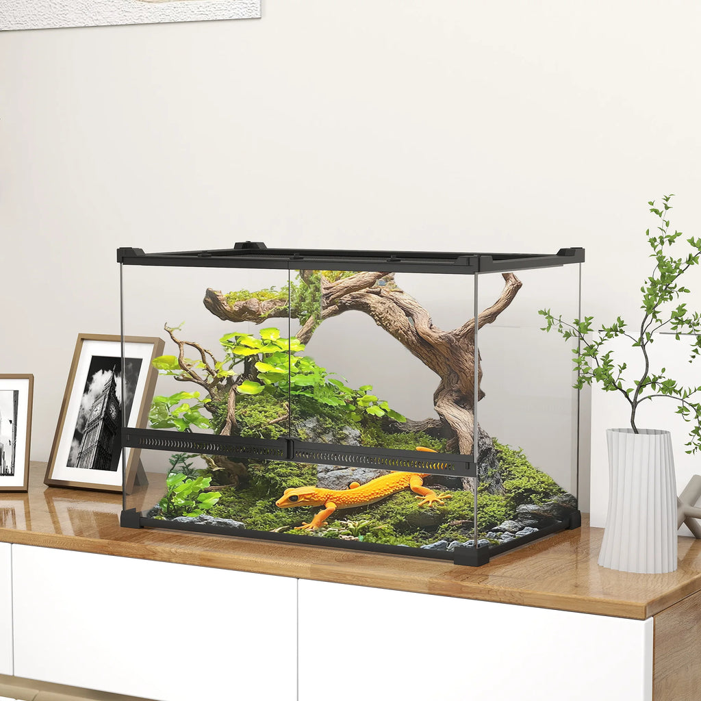 Terrarium Reptile – Boîte d'Élevage en Verre Trempé, Fermeture Sécurisée, Ventilation Frontale, Sans Montage, 50x30x35 cm, Noir