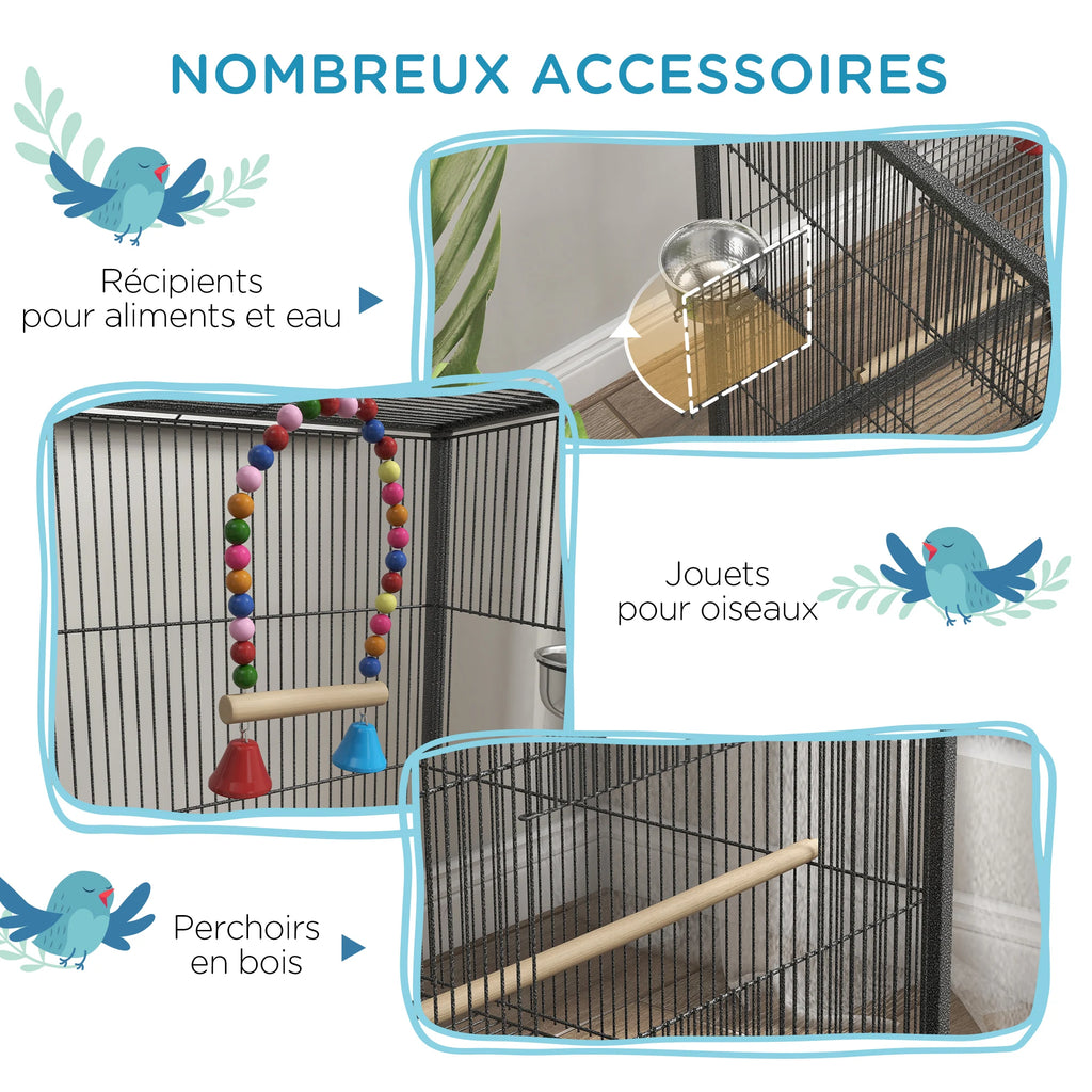 Cage à Oiseaux sur Pied & Roulettes avec Balançoire, Perchoirs, Plateau Coulissant & Mangeoires – Inséparables, Canaris, Perruches – 48x46x78 cm Acier Gris