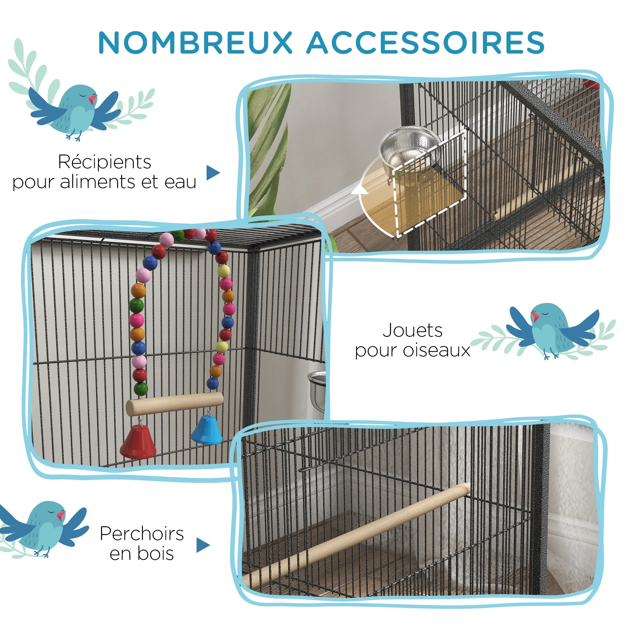 Cage à Oiseaux sur Pied & Roulettes avec Balançoire, Perchoirs, Plateau Coulissant & Mangeoires – Inséparables, Canaris, Perruches – 48x46x78 cm Acier Gris
