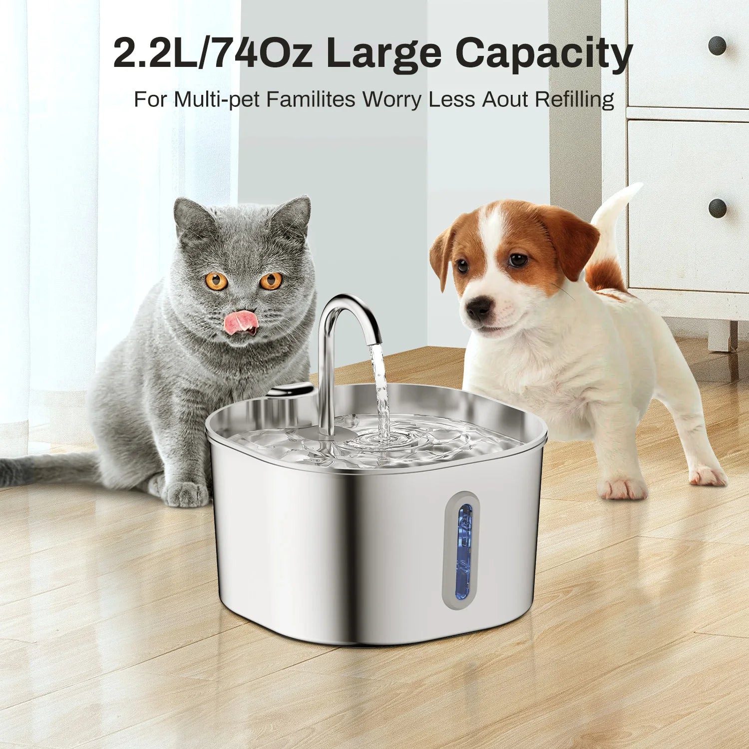 Fontaine à Eau Automatique 2,2L pour Chat – Inox, Pompe Silencieuse, Filtration, Fenêtre Visuelle