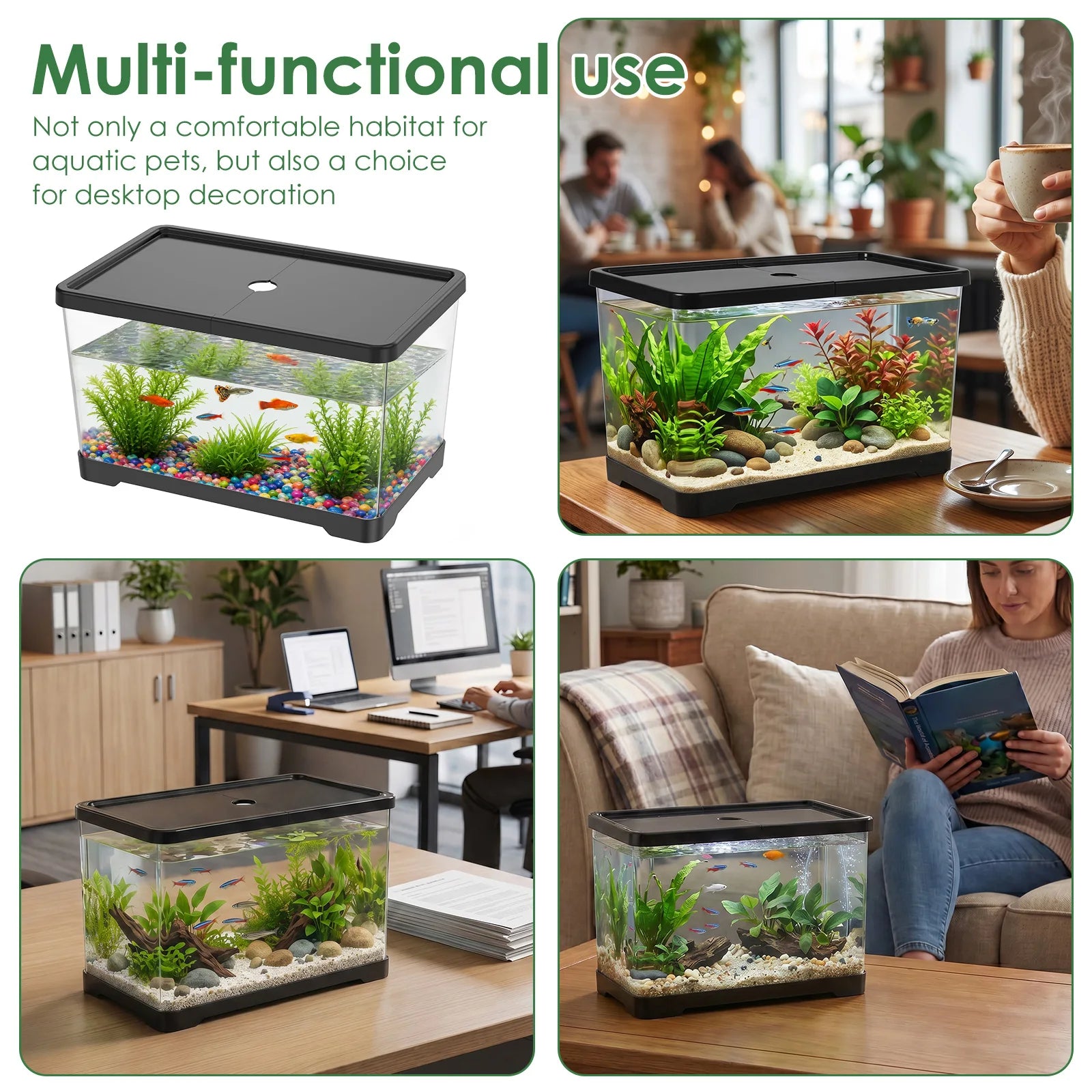 Aquarium Transparent Rectangulaire avec Couvercle – Bureau ou Maison, Plantes Aquatiques, Décoration Intérieure