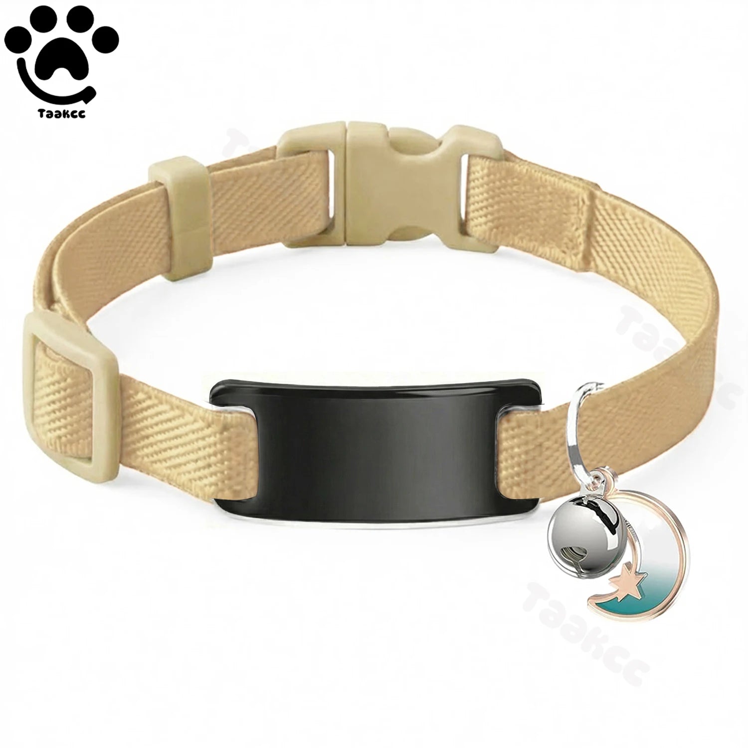 Collier Chat Élastique Personnalisé – Gravure Gratuite, Plaque ID, Clochette & Breloque Lune Anti-Fugue