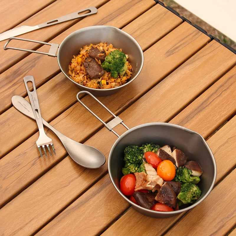 Bol en Titane avec Poignée Pliante  Bol à Riz Portable pour Camping & Pique-nique  300ml & 450ml