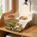 Terrarium Transparent pour Tortue – Séparation Sec/Humide avec Zone de Bain de Soleil et Plateforme d'Escalade en Plastique