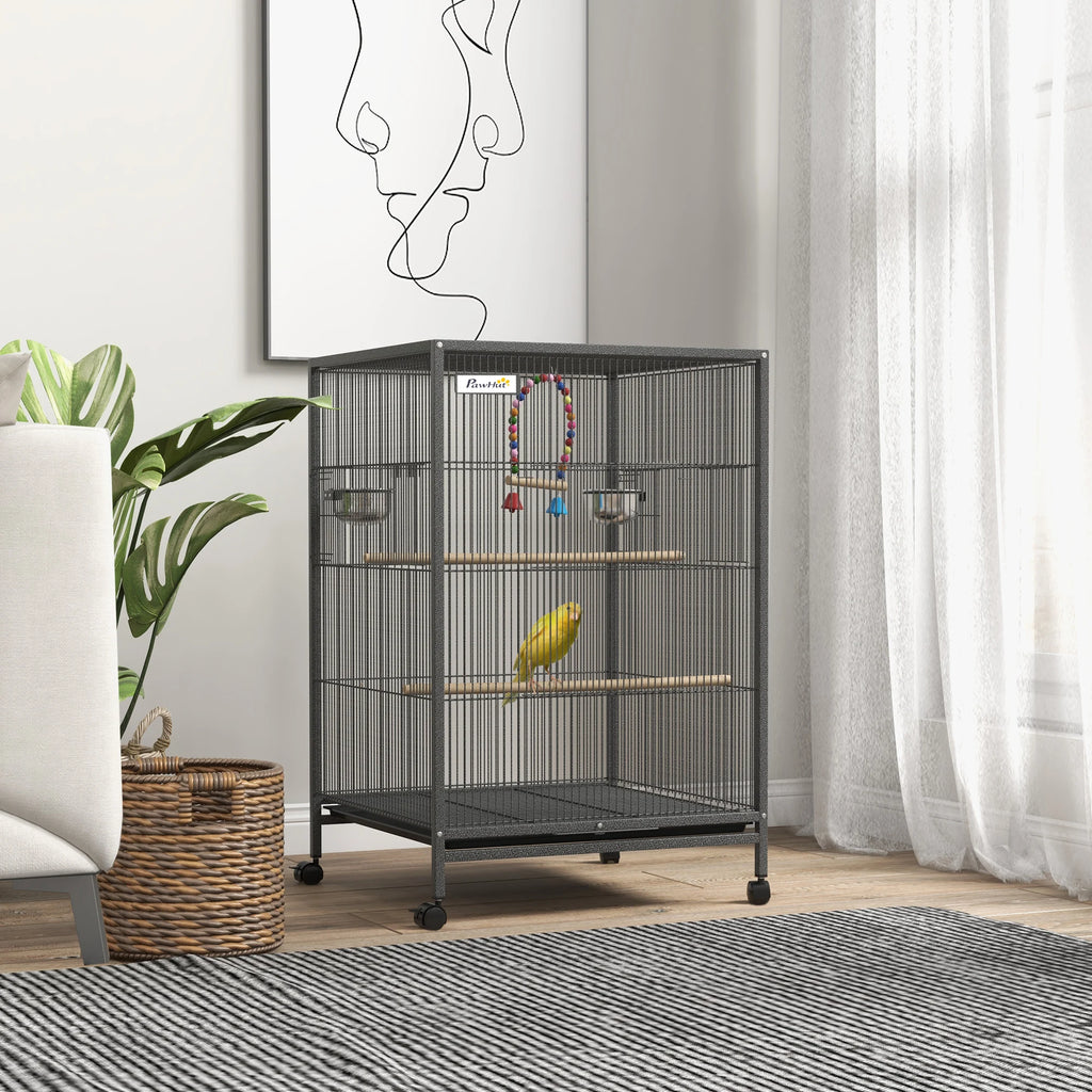 Cage à Oiseaux sur Pied & Roulettes avec Balançoire, Perchoirs, Plateau Coulissant & Mangeoires – Inséparables, Canaris, Perruches – 48x46x78 cm Acier Gris