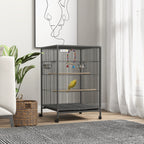 Cage à Oiseaux sur Pied & Roulettes avec Balançoire, Perchoirs, Plateau Coulissant & Mangeoires – Inséparables, Canaris, Perruches – 48x46x78 cm Acier Gris