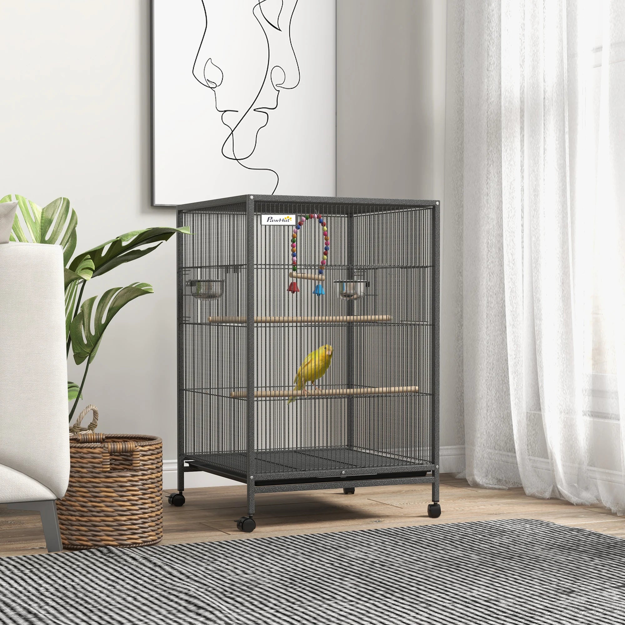 Cage à Oiseaux sur Pied & Roulettes avec Balançoire, Perchoirs, Plateau Coulissant & Mangeoires – Inséparables, Canaris, Perruches – 48x46x78 cm Acier Gris