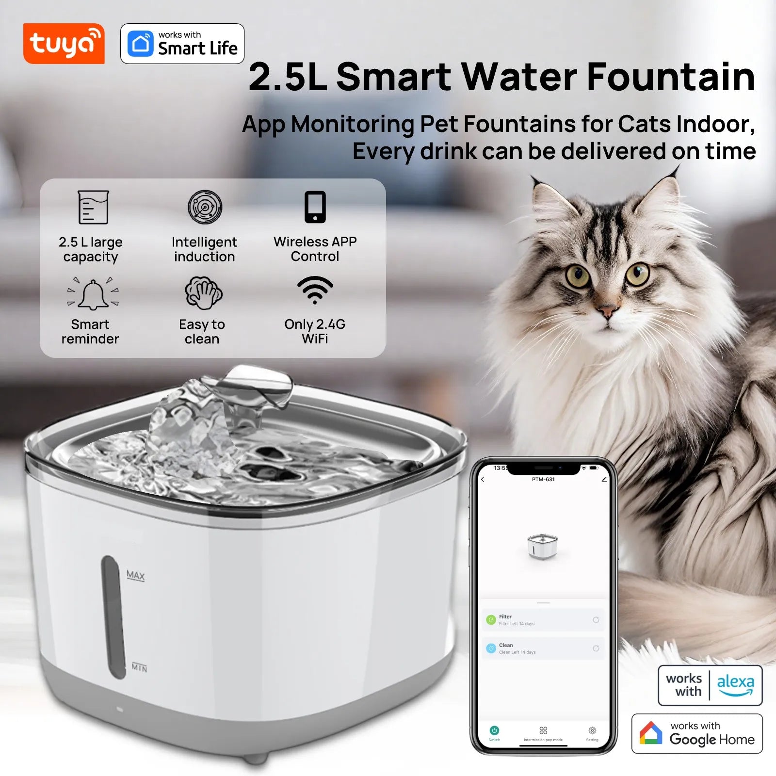 Fontaine à Eau Connectée 2,5L pour Chat – Application Tuya Smart