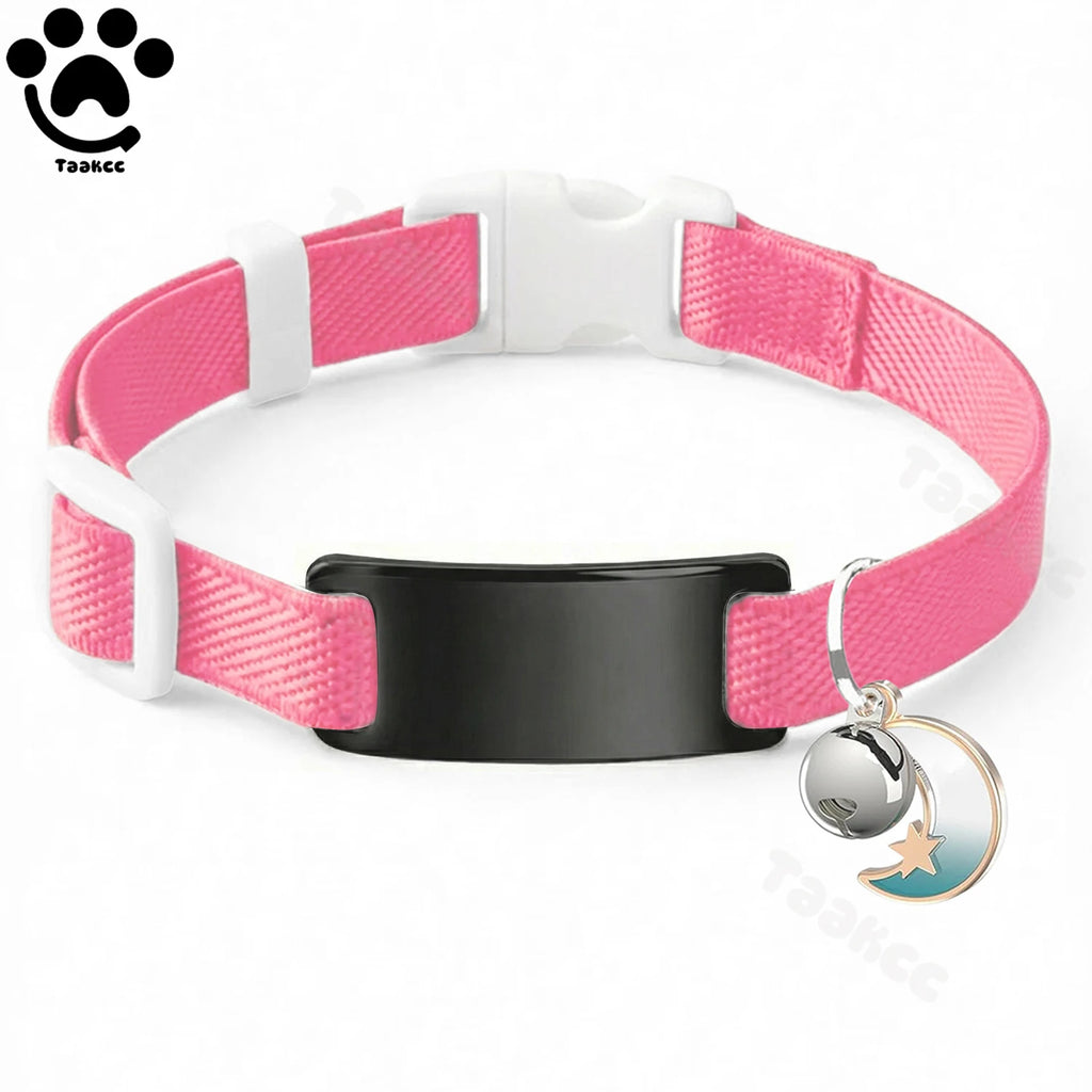 Collier Chat Élastique Personnalisé – Gravure Gratuite, Plaque ID, Clochette & Breloque Lune Anti-Fugue