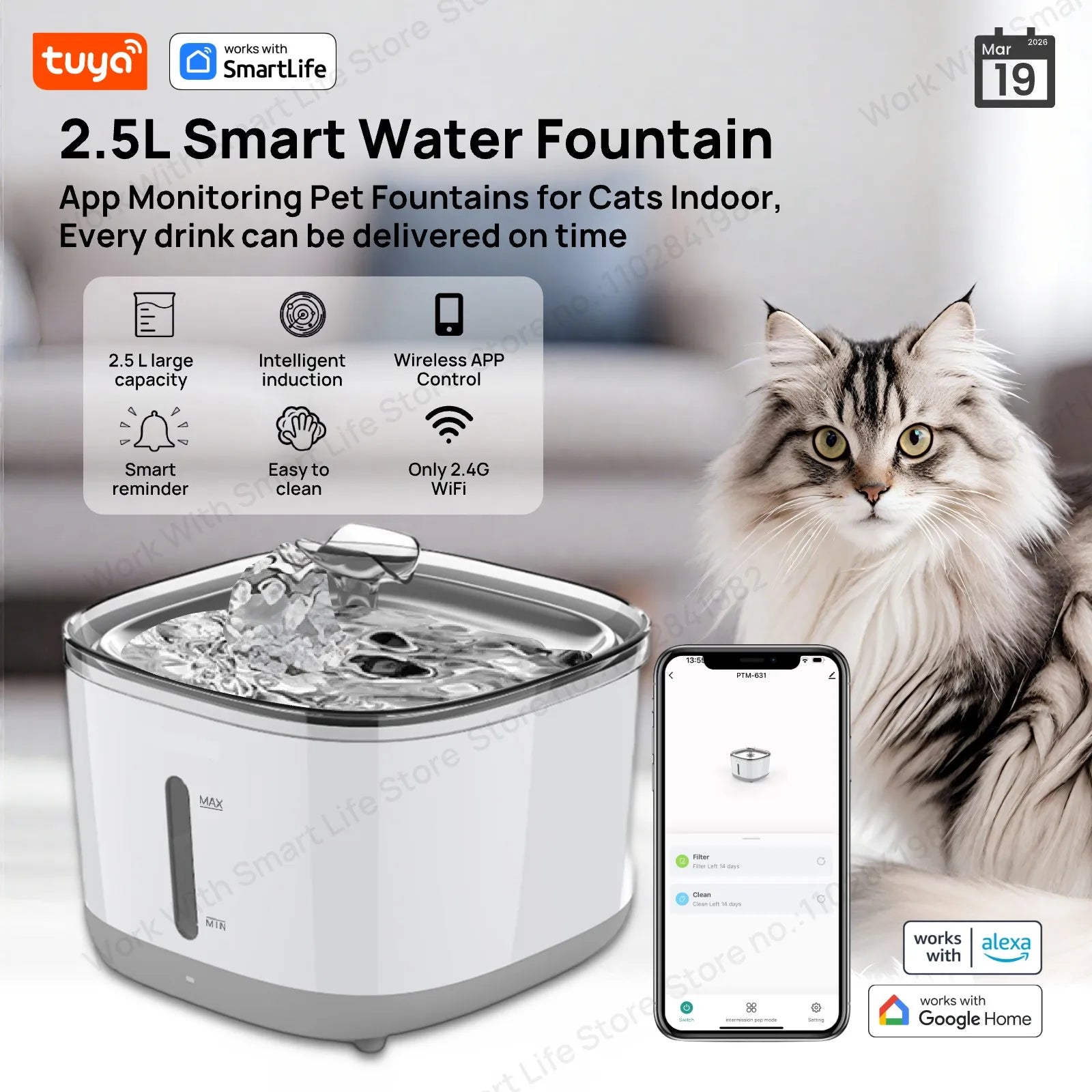 Fontaine à Eau Connectée 2,5L pour Chat – Application Tuya Smart