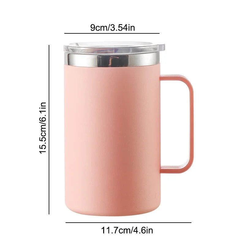 Mug en Inox 304 – 650 ml, Double Paroi Anti-Brûlure, Isotherme avec Couvercle & Anse – Tasse Café, Thé, Lait