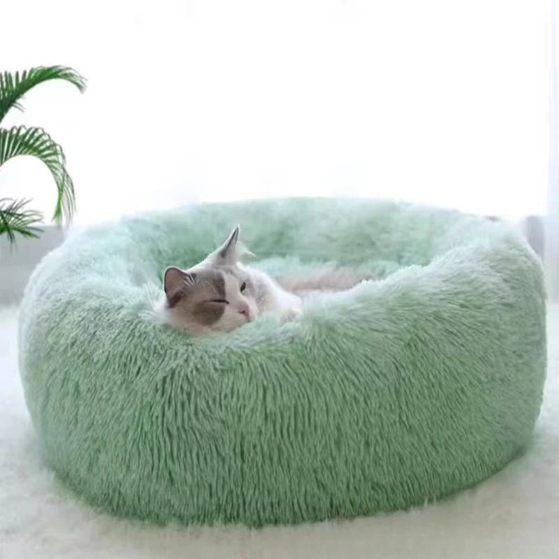 Corbeille Ronde en Peluche Rayée pour Chat et Chien – Douce, Chaude, Sommeil Profond