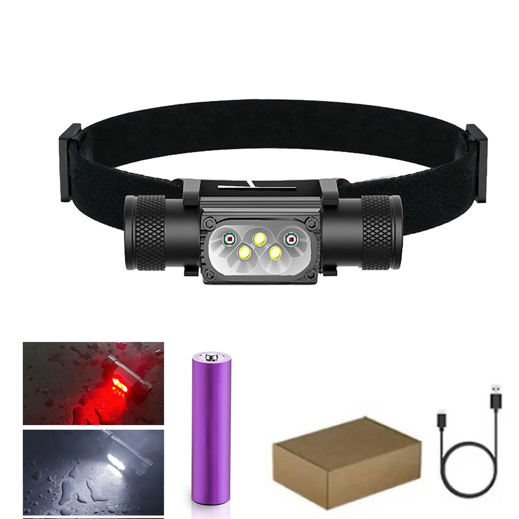 Mini Lampe Frontale LED USB Type-C 18650 – Lumière Blanche, Rouge, Verte, Bleue, Jaune & UV 395nm pour Pêche, Chasse et Camping