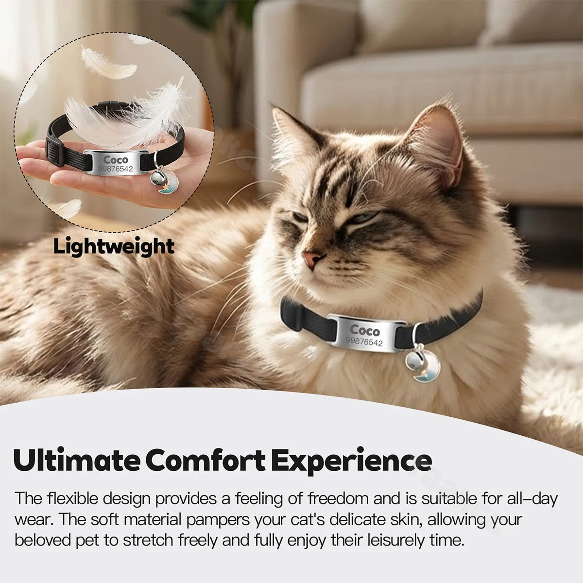 Collier Chat Élastique Personnalisé – Gravure Gratuite, Plaque ID, Clochette & Breloque Lune Anti-Fugue