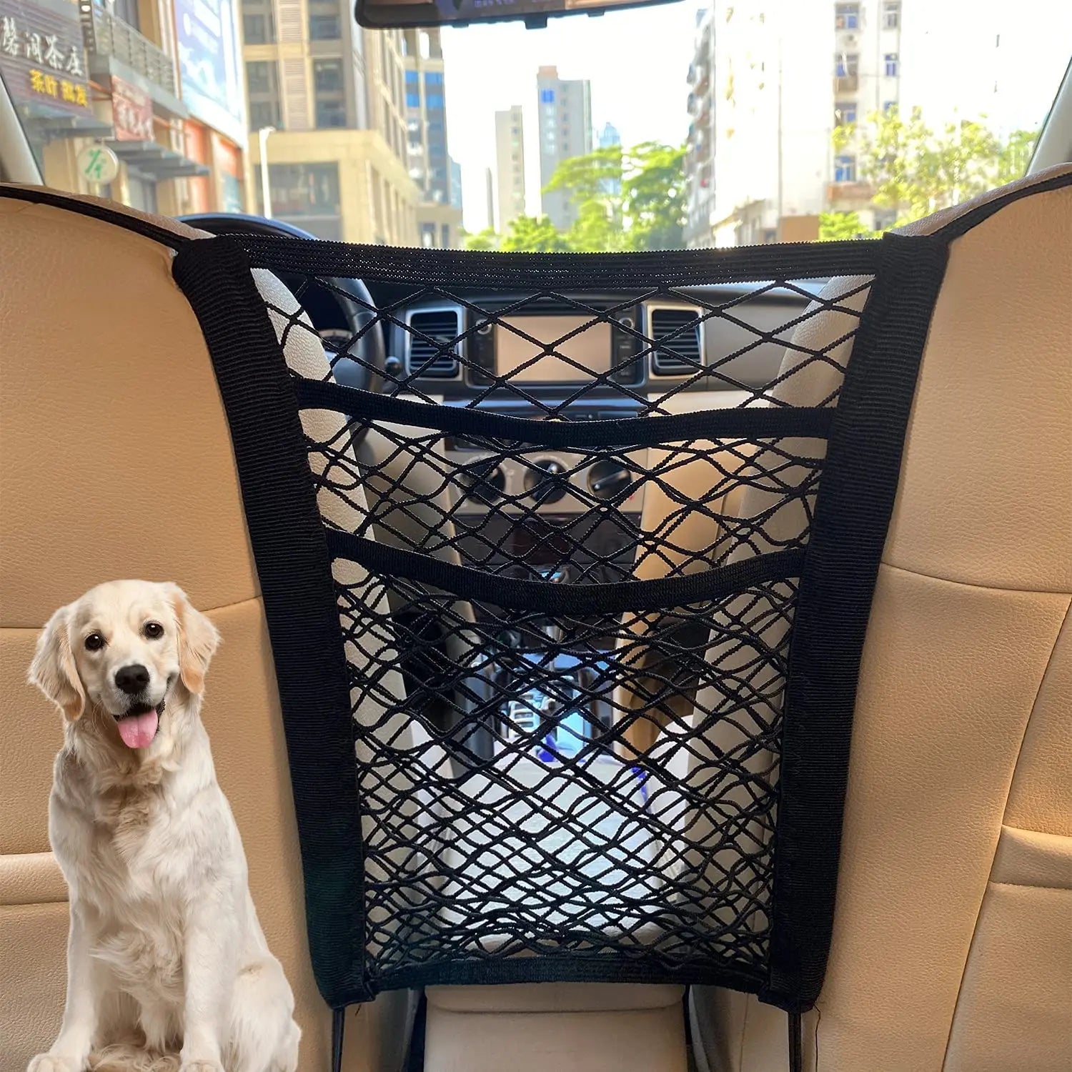 Filet de Rangement Voiture entre Sièges – Séparateur, Barrière Animal, Filet Élastique Organisateur Auto