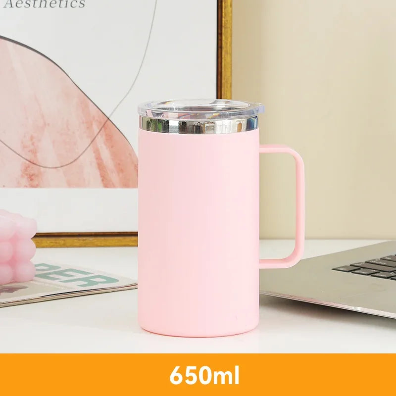 Mug en Inox 304 – 650 ml, Double Paroi Anti-Brûlure, Isotherme avec Couvercle & Anse – Tasse Café, Thé, Lait