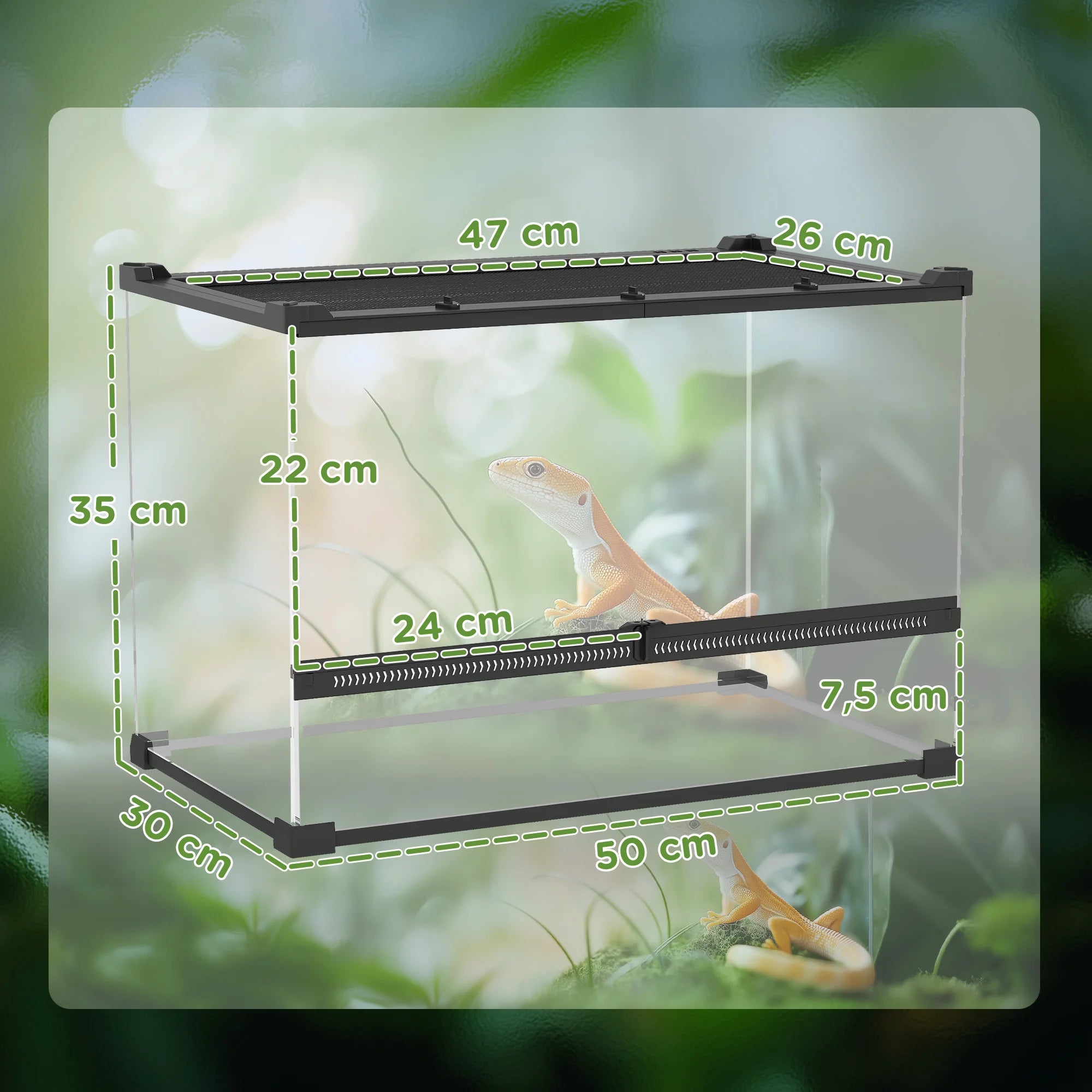 Terrarium Reptile – Boîte d'Élevage en Verre Trempé, Fermeture Sécurisée, Ventilation Frontale, Sans Montage, 50x30x35 cm, Noir