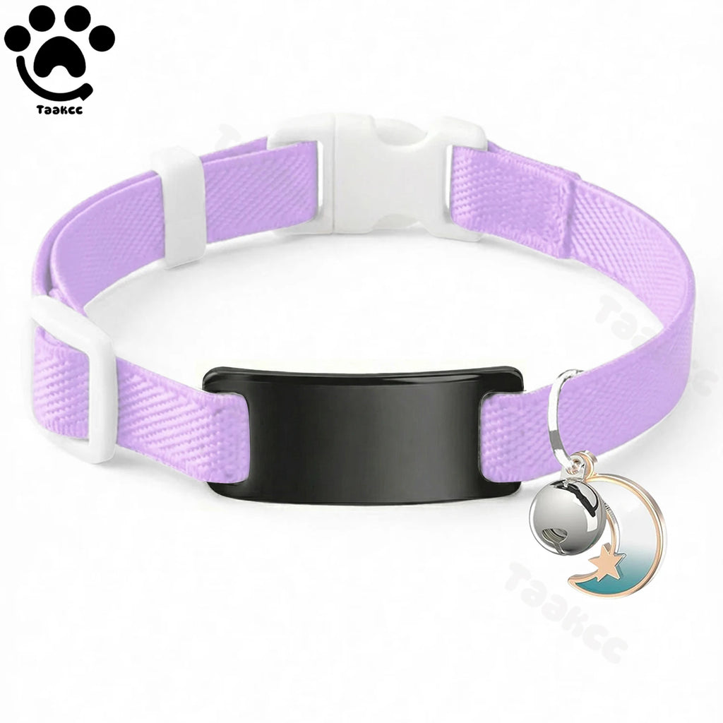 Collier Chat Élastique Personnalisé – Gravure Gratuite, Plaque ID, Clochette & Breloque Lune Anti-Fugue