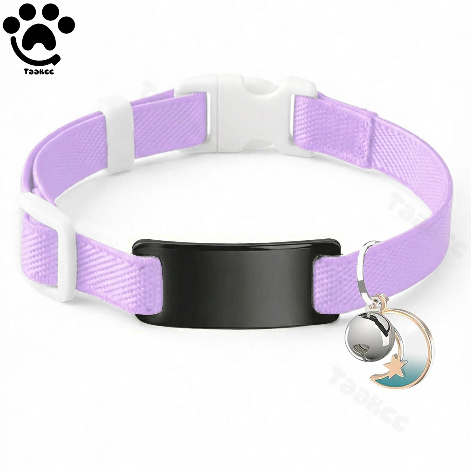 Collier Chat Élastique Personnalisé – Gravure Gratuite, Plaque ID, Clochette & Breloque Lune Anti-Fugue
