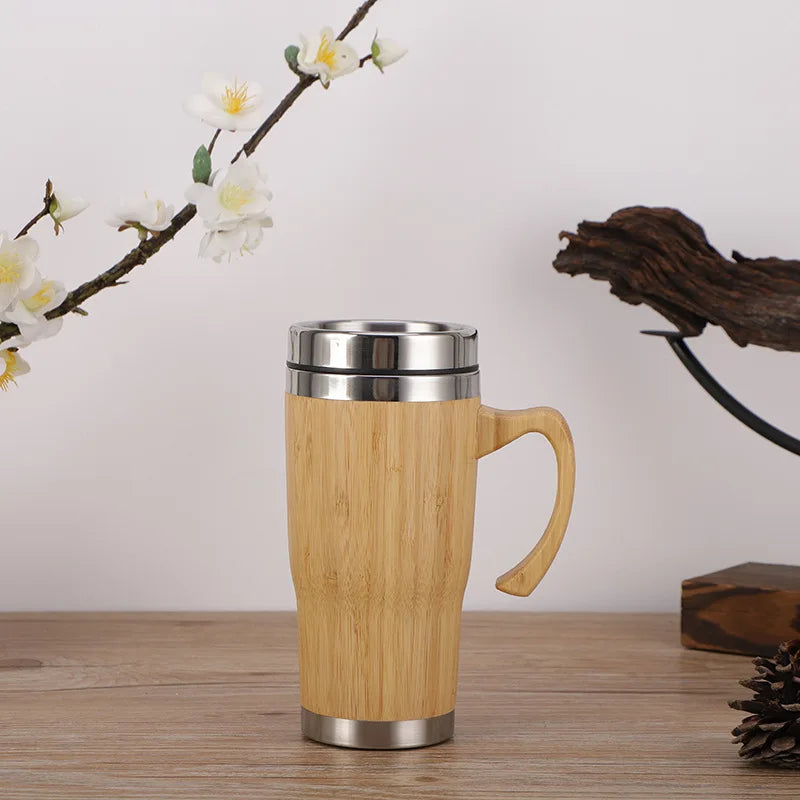 Tasse Thermos Bambou avec Affichage de Température – Bouteille Isotherme en Inox, Couvercle Rabattable, Écologique