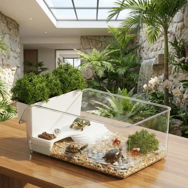 Terrarium Transparent pour Tortue – Séparation Sec/Humide avec Zone de Bain de Soleil et Plateforme d'Escalade en Plastique