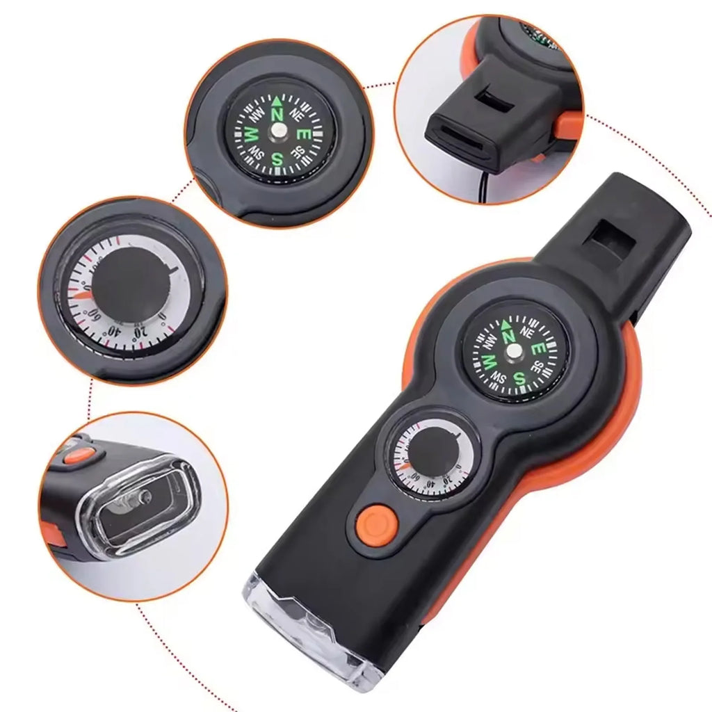 Sifflet de Survie 7-en-1 avec Lumière LED & Thermomètre – Kit d'Urgence Outdoor Randonnée Camping