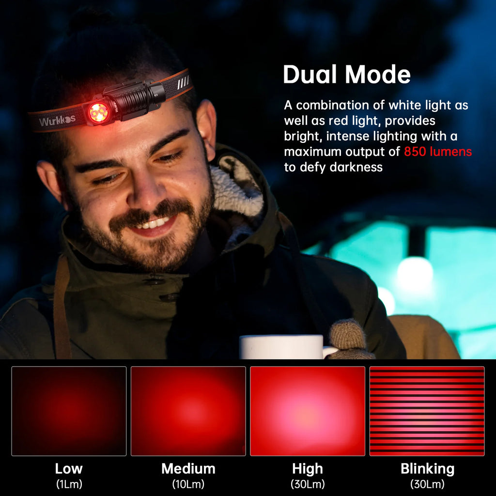Lampe Frontale 850 Lumens avec Lumière Rouge, Clip Magnétique | Camping, Randonnée, Pêche