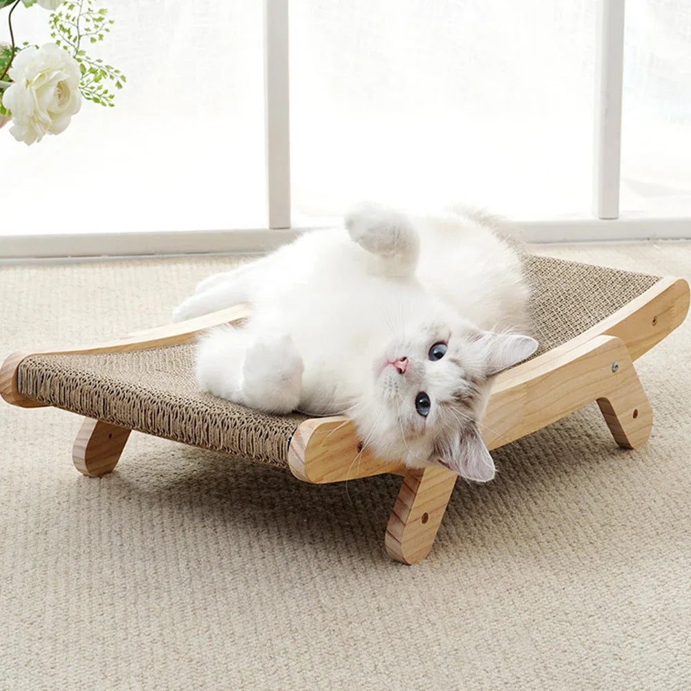 Griffoir Carton 3-en-1 avec Cadre en Bois – Lit Grattoir Réversible, Jouet & Meuble pour Chat