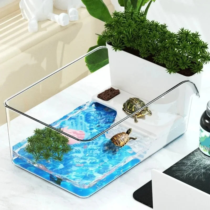 Terrarium Transparent pour Tortue – Séparation Sec/Humide avec Zone de Bain de Soleil et Plateforme d'Escalade en Plastique