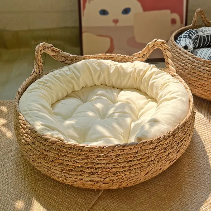 Corbeille pour Chat Tressée à la Main en Osier – Coussin Amovible et Lavable, Toutes Saisons, Accessoires Animaux